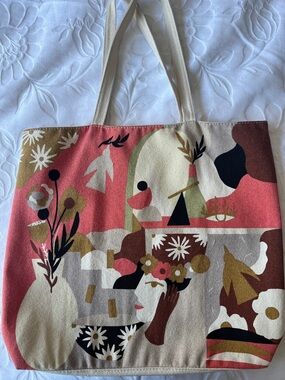 Canvas Tote Bag with Abstract Floral Art - Multicolor